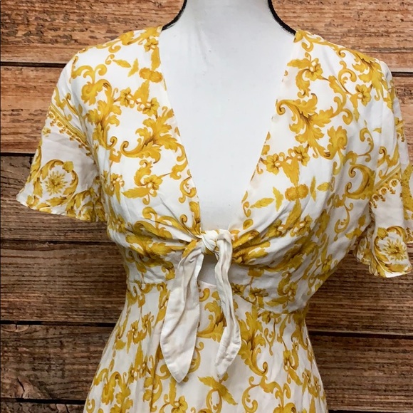 Lulus Callista Yellow White Print Tie Front Dress - Picture 5 of 8